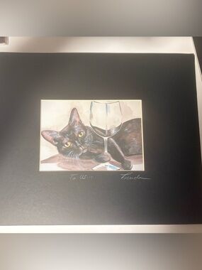 Black Cat Art Print with Wine Glass - Signed Heather A. French Wall Art